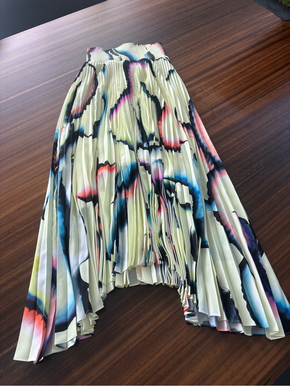 A.L.C. Pleated A-Line Skirt in yellow with Black, Blue & Pink Accents